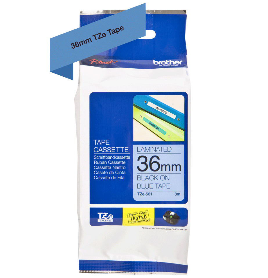 Oriģinālā Brother TZe561 melnas drukas zila uzlīmju lentes kasete, 36mm plata 2